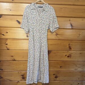 zara Collared  flower print Short Sleeve Midi dress Red Green Pink Yellow S